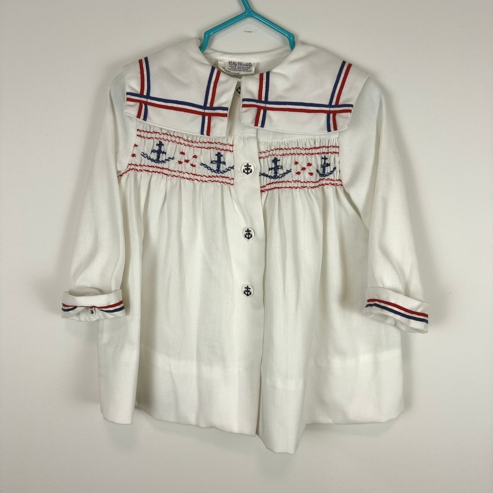 Vintage Polly Flinders Hand Smocked Sailor Dress White Nautical Anchors 24 Mos